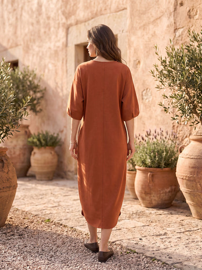 Solid Color Pockets Three-quarter Sleeves Loose Round-neck Midi Dresses
