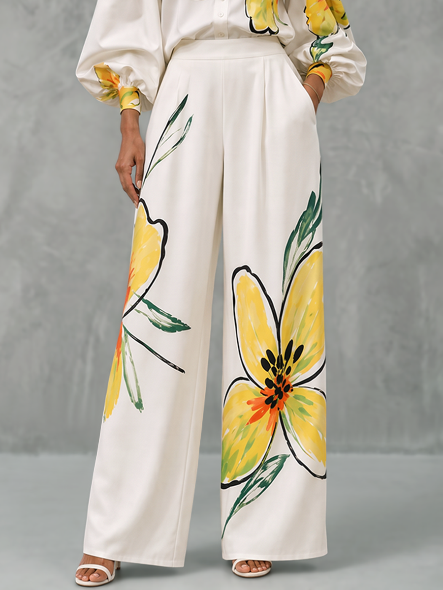Pockets Flower Print Elasticity Contrast Color Wide Leg Loose Trousers Pants