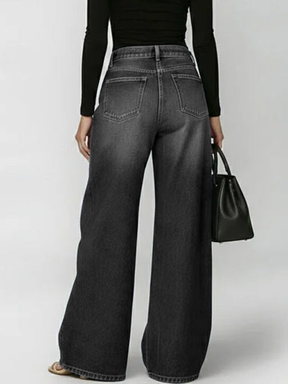 High Waisted Loose Buttoned Geometric Hollow Pockets Split-Joint Jean Pants Bottoms