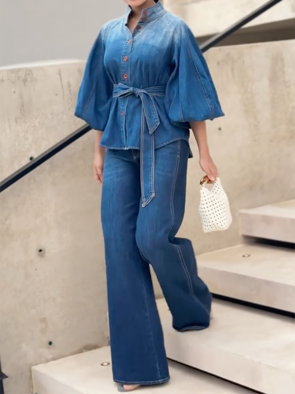 Half Sleeves Puff Sleeves Buttoned Gradient Tied Waist Stand Collar Blouses&Shirts Tops