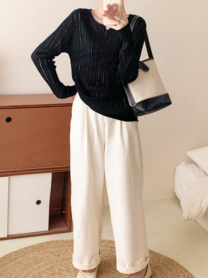 Long Sleeves Loose Solid Color Round-Neck Knitwear Sweater Tops