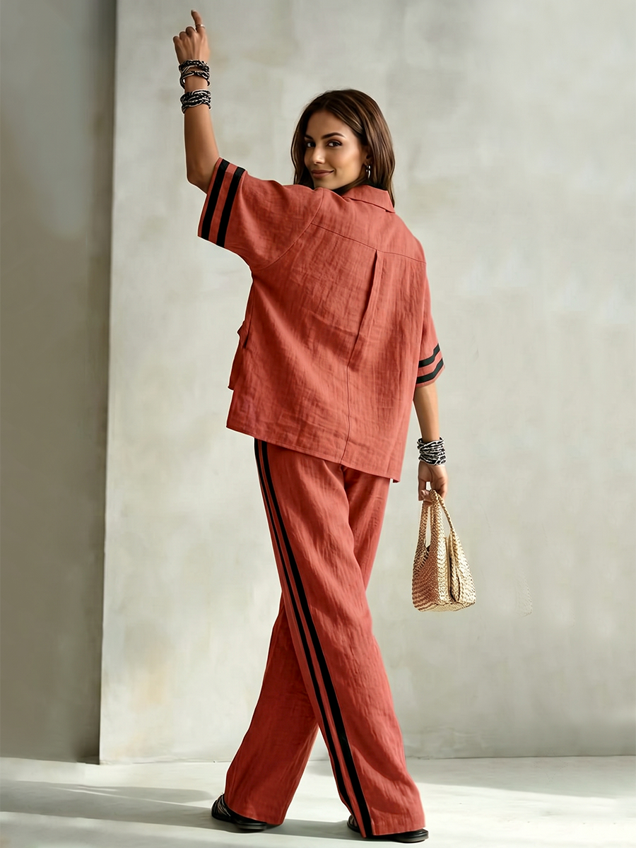 Striped Pockets Elasticity Contrast Color Wide Leg High Waisted Trousers Pants