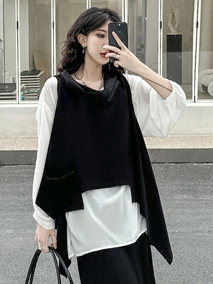 Irregularity Loose Pockets Solid Color Heaps Collar T-Shirts Vest Top