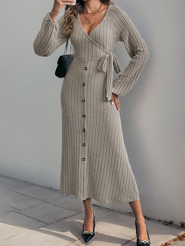 A-Line High Waisted Buttoned Elasticity Solid Color Tied Waist V-Neck Midi Dresses