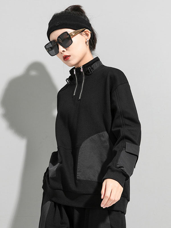 Casual Long Sleeves Loose Solid Color Zipper High-Neck Sweatshirt Tops