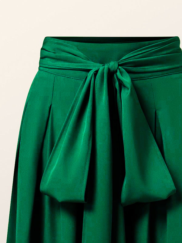 Loose Wide Leg Pleated Solid Color Tied Waist Pants Trousers