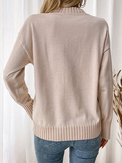 Long Sleeves Loose Split-Joint Three-Dimensional Flower Round-Neck Pullovers Sweater Tops