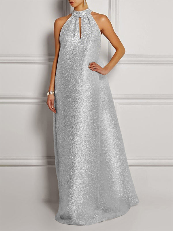 A-Line Loose Hollow Pleated Shiny Solid Color Halter-Neck Maxi Dresses