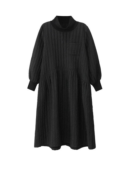 A-Line Long Sleeves Embossed Pockets Quilted Solid Color Split-Joint High Neck Midi Dresses Sweater Dresses