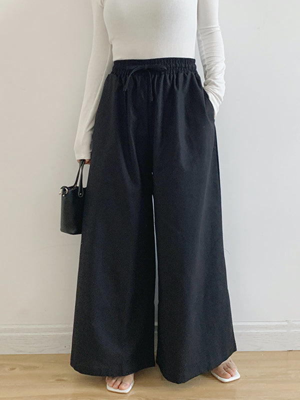 High Waisted Loose Drawstring Elasticity Pockets Solid Color Pants Trousers