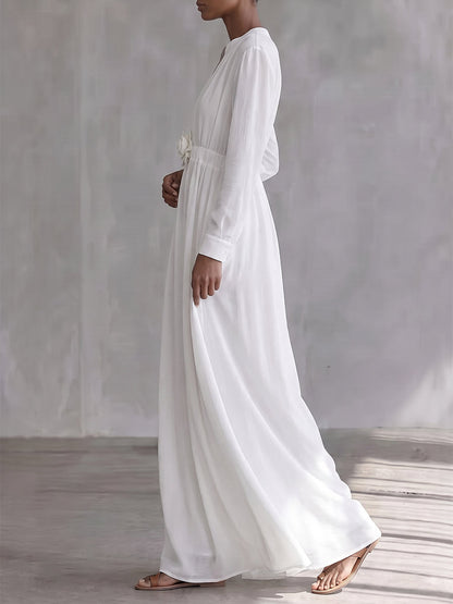 High Waisted Long Sleeves Elasticity Pleated Pockets Solid Color Three-Dimensional Flower V-Neck Maxi Dresses