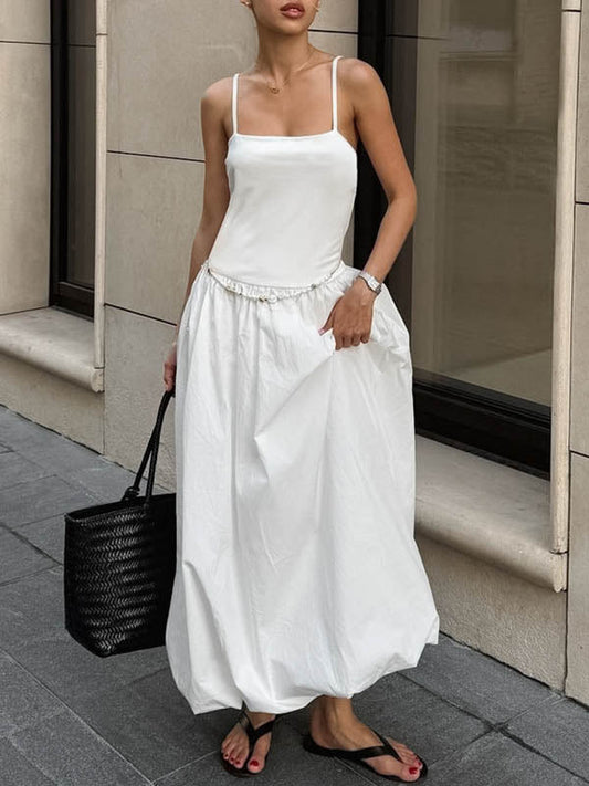 Loose Sleeveless Pleated Solid Color Split-Joint Spaghetti-Neck Midi Dresses