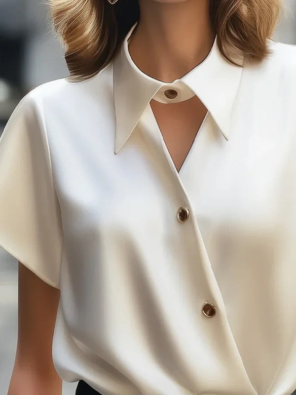 Short Sleeves Buttoned Solid Color Lapel Blouses&Shirts Tops