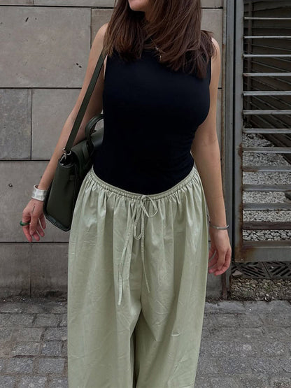 Elasticated Waist High Waisted Drawstring Pleated Solid Color Ankle-Tied Pants