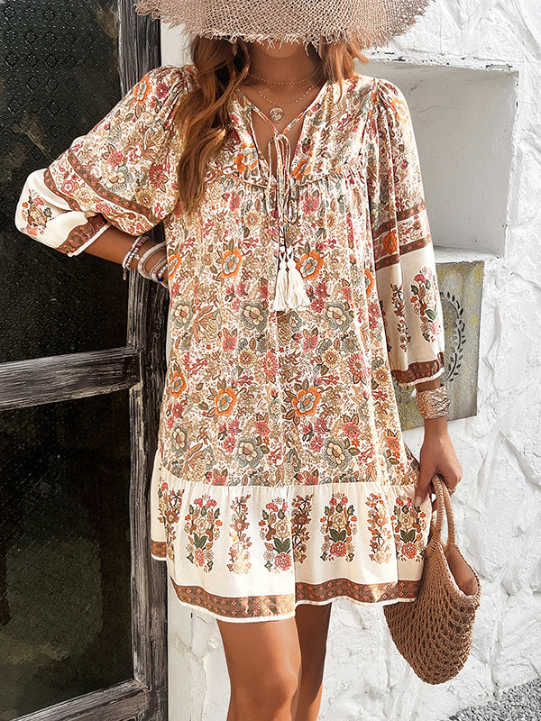 A-Line Loose Contrast Color Drawstring Flower Print Pleated Split-Joint V-Neck Mini Dresses