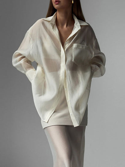 Loose Solid Color See-Through Long Sleeves Lapel Blouse + Skirt Two Pieces Set
