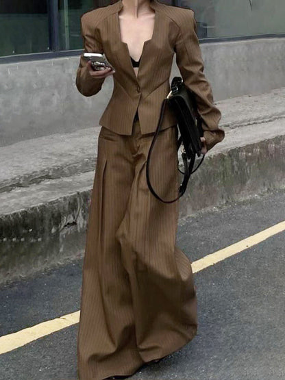 Long Sleeves Loose Buttoned Split-Joint Striped V-Neck Blazer Outerwear