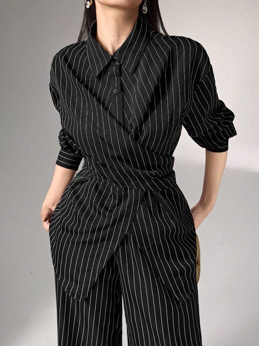 Striped Lapel Irregular Buttoned Wrap Tied Waist Blouse Tops + High Waist Wide Leg Trousers Bottoms Two Pieces Set