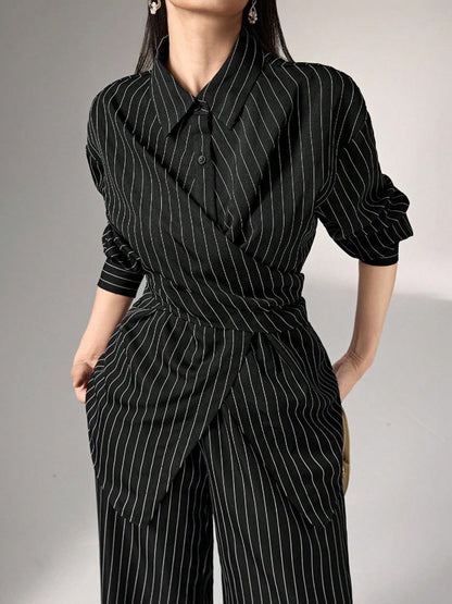 Striped Lapel Irregular Buttoned Wrap Tied Waist Blouse Tops + High Waist Wide Leg Trousers Bottoms Two Pieces Set