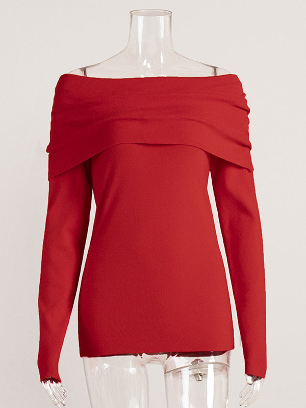 Long Sleeves Loose Solid Color Off-The-Shoulder Pullovers Sweater Tops
