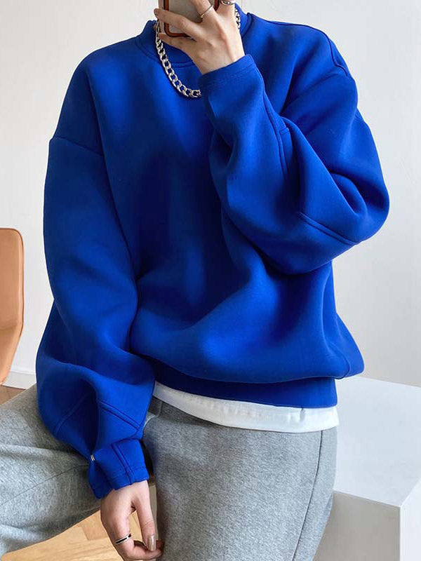 Long Sleeves Loose Solid Color Round-Neck Sweatshirt Tops