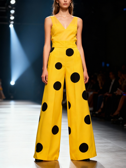 Elasticated Waist High Waisted Contrast Color Pockets Polka-Dot Split-Joint Pants