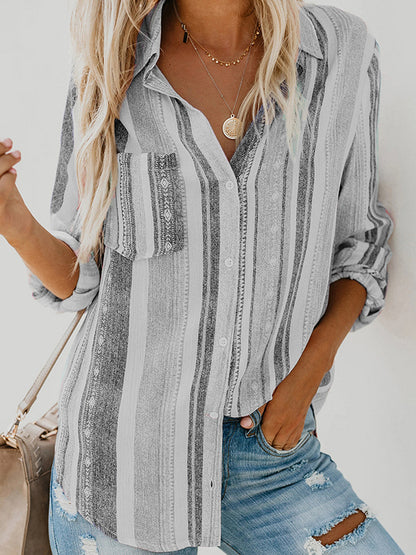 High-Low Long Sleeves Buttoned Pockets Striped Lapel Blouses&Shirts Tops