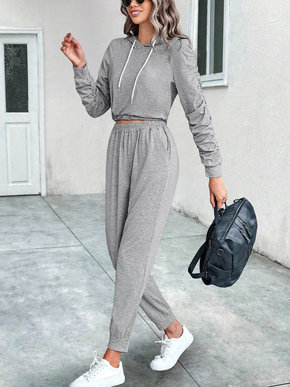 Solid Color Long Sleeves Pleated V-Neck Hoodies Top + Drawstring Elasticity Pants Bottom Two Pieces Set