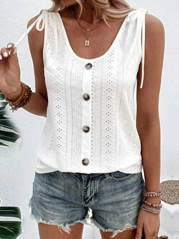Loose Plus Size Buttoned Hollow Pleated Split-Joint Tied U-neck Vest Top