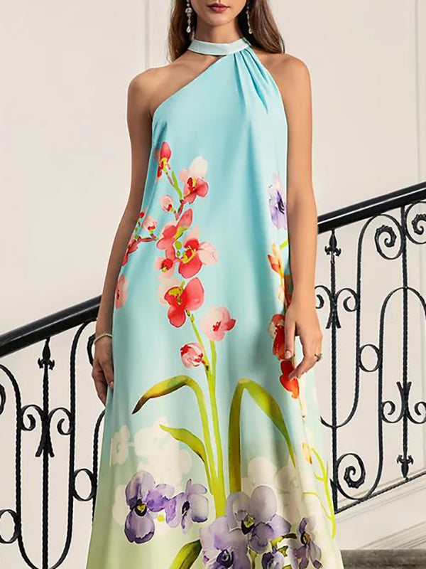 Loose Sleeveless Flower Print Pleated Halter-Neck Maxi Dresses
