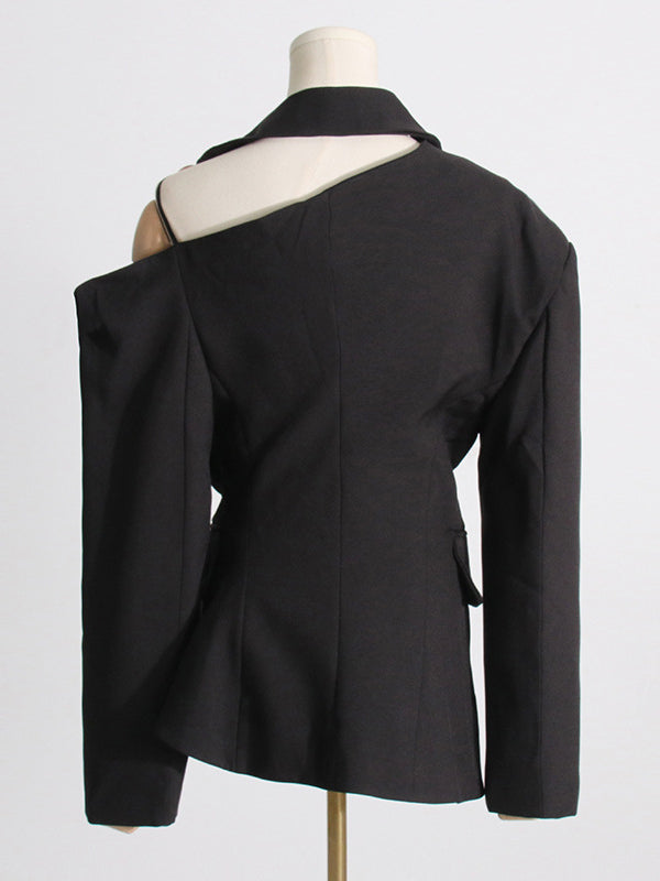 Long Sleeves Loose Asymmetric Buttoned Hollow Solid Color Tied Asymmetric Collar Blazer