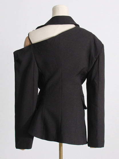 Long Sleeves Loose Asymmetric Buttoned Hollow Solid Color Tied Asymmetric Collar Blazer