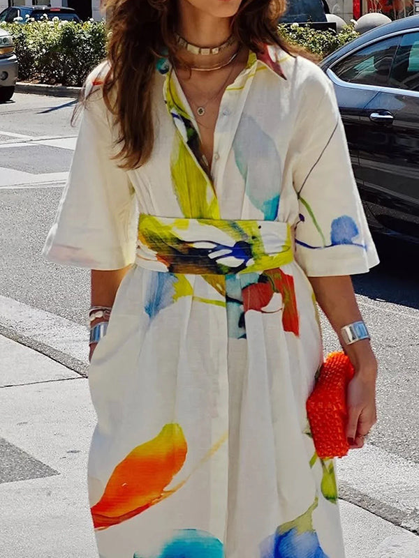 Half Sleeves Loose Asymmetric Printed Split-Joint Tied Waist Lapel Maxi Dresses Shirt Dress