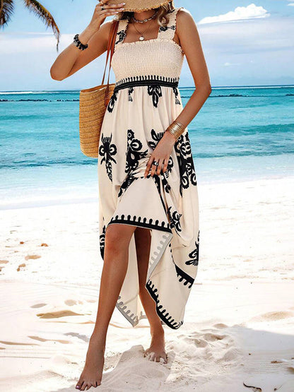 A-Line Loose Elasticity Pleated Printed Split-Joint Square-Neck Maxi Dresses