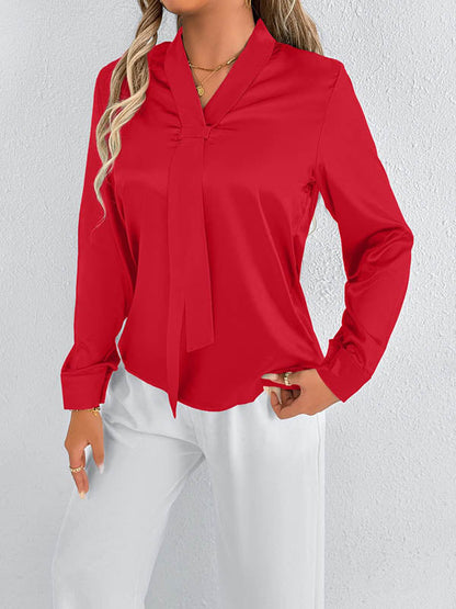 Long Sleeves Loose Solid Color Split-Joint Streamer Scarf Collar Blouses&Shirts Tops