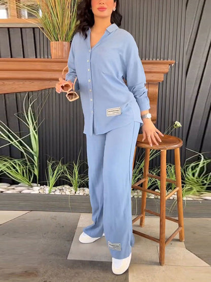 Solid Color Long Sleeves Buttoned Lapel Shirts Top + Split-Side High Waisted Pants Bottom Two Pieces Set