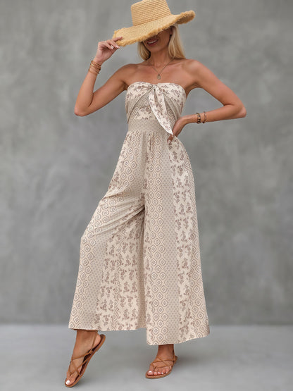 High Waisted Sleeveless Backless Contrast Color Pleated Printed Split-Joint Tied Twist Tube Jumpsuits