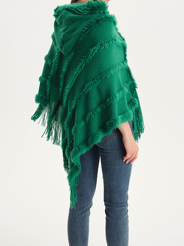 Hooded Keep Warm Solid Color Tasseled Cape Shawl&Cloak