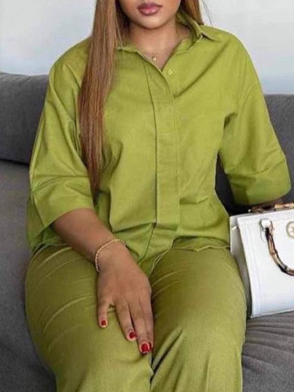 Loose Solid Color Split-Joint Split-Side Lapel Blouse + Elasticity Pleated Pants Trousers Two Pieces Set
