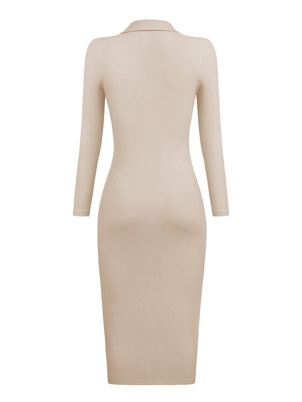 High Waisted Long Sleeves Buttoned Solid Color Lapel Midi Dresses