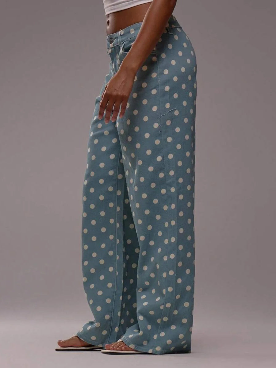 High Waisted Wide Leg Buttoned Contrast Color No Belt Polka Dot Zipper Pants Trousers