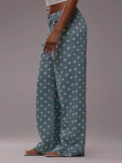 High Waisted Wide Leg Buttoned Contrast Color No Belt Polka Dot Zipper Pants Trousers