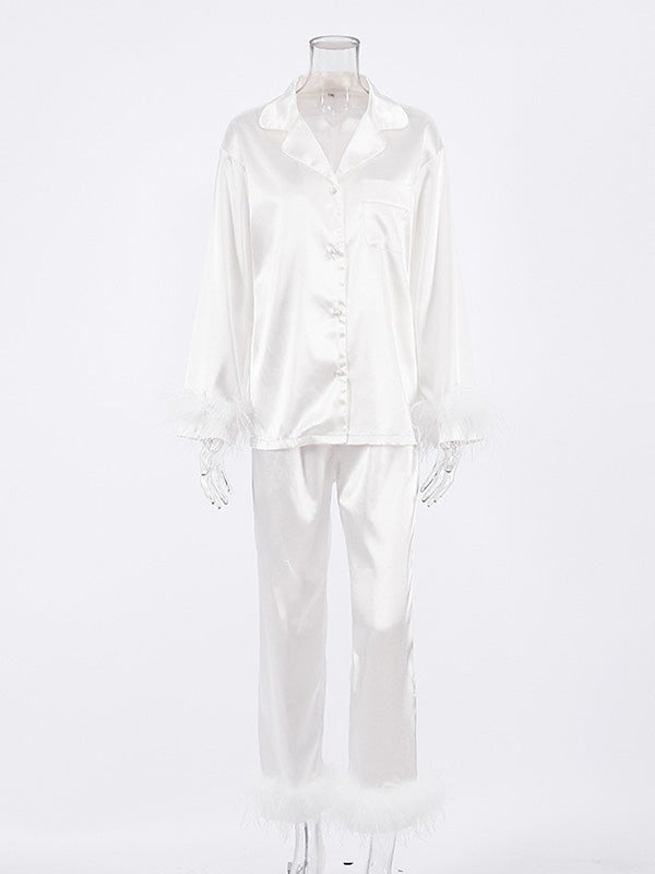 Long Sleeves Buttoned Feathers Split-Joint Notched Collar Shirts Top + Pants Bottom Pajama Sets