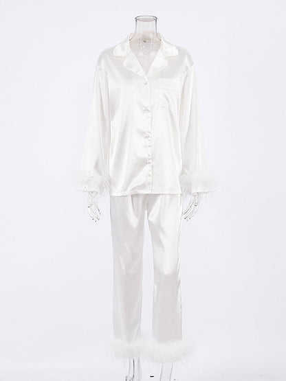 Long Sleeves Buttoned Feathers Split-Joint Notched Collar Shirts Top + Pants Bottom Pajama Sets