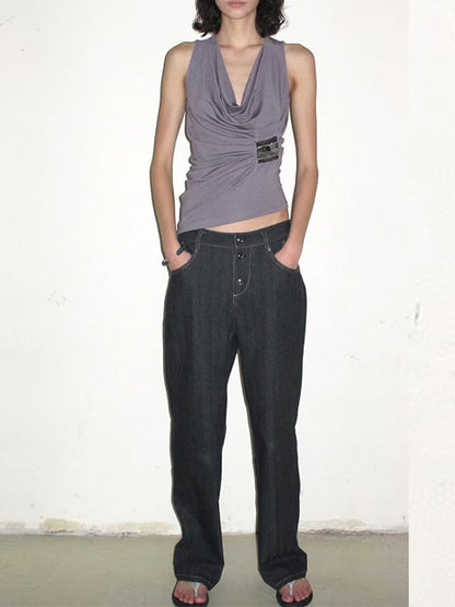 Loose Sleeveless Pleated Solid Color Heaps Collar Tank Top