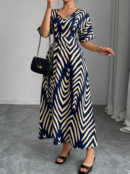 Elasticated Waist High Waisted Contrast Color Geometric Printed Split-Joint V-Neck Maxi Dresses