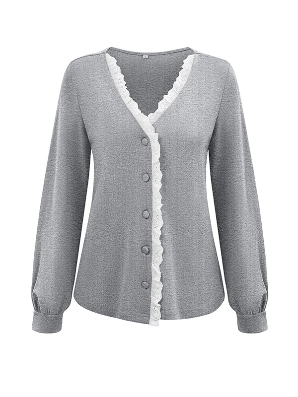 Long Sleeves Loose Buttoned Ruffle Trim Split-Joint V-Neck T-Shirts Tops