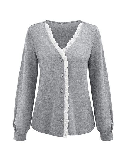 Long Sleeves Loose Buttoned Ruffle Trim Split-Joint V-Neck T-Shirts Tops