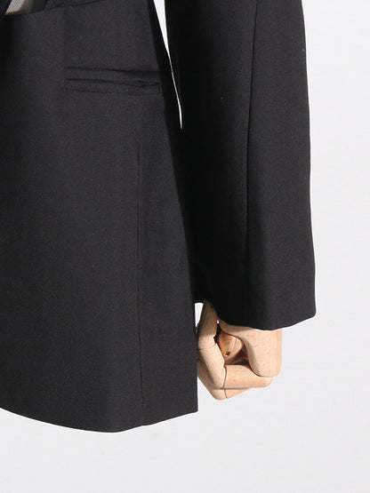 Long Sleeves Buckle Gauze See-Through Solid Color Split-Joint Notched Collar Blazer