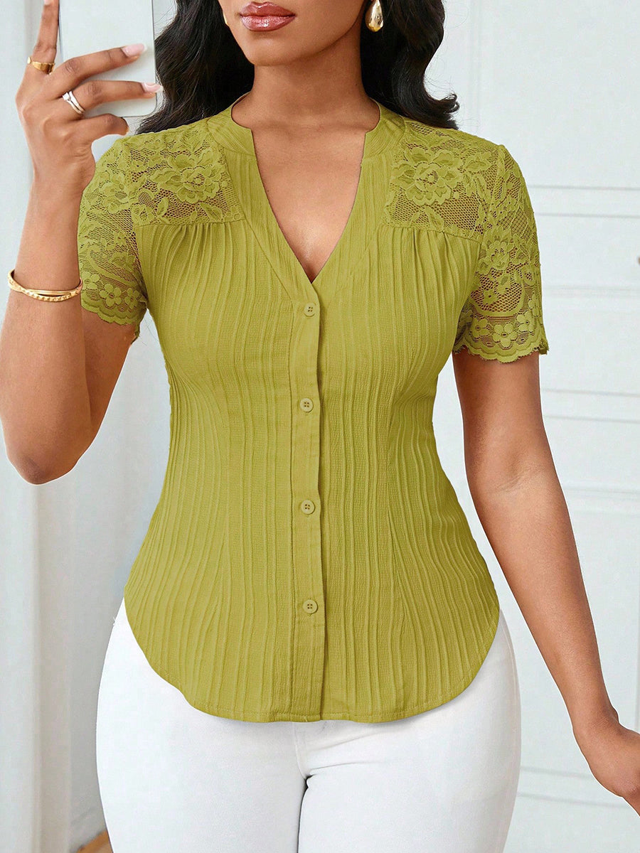 Split-Joint Solid Color Pleated Jacquard Hollow Buttoned Short Sleeves V-neck Blouses&shirts Tops